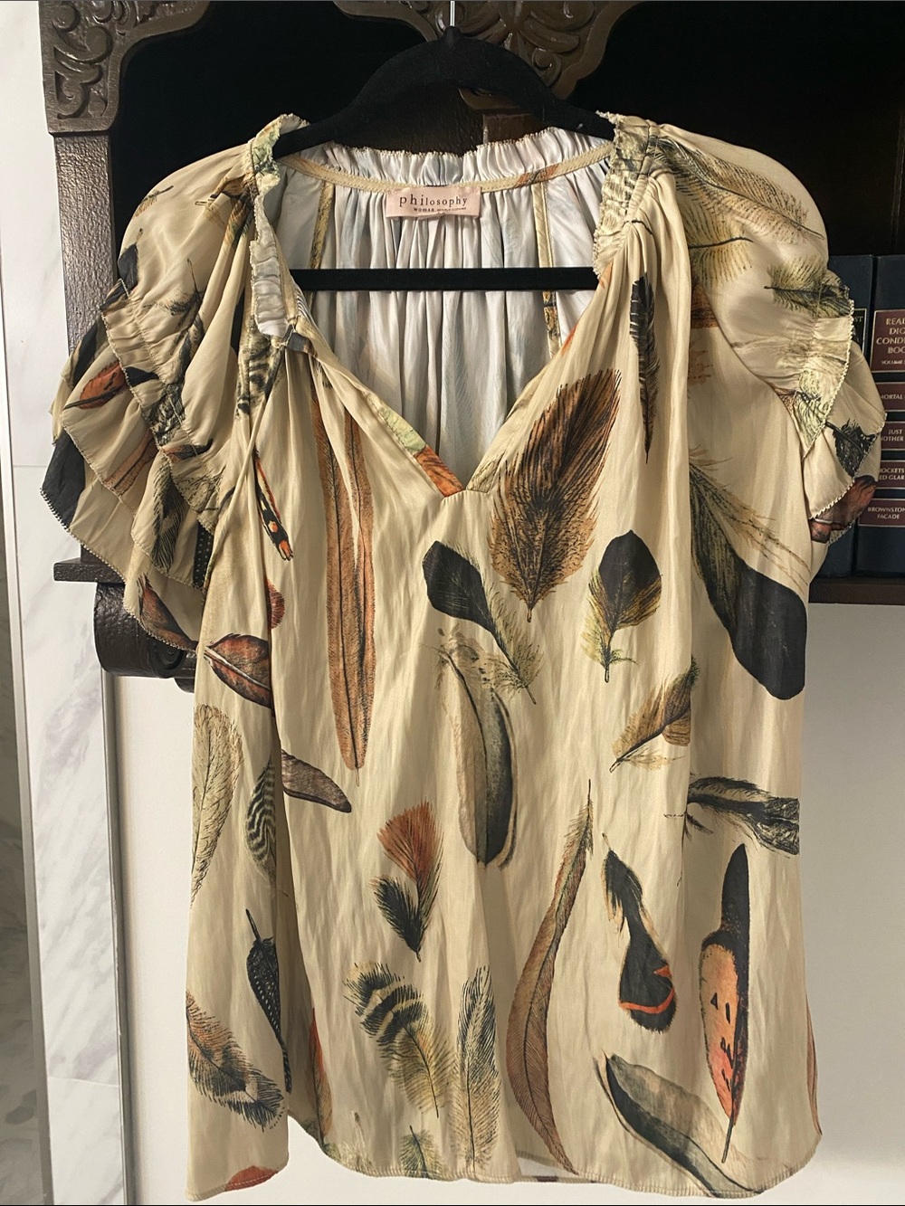Philosophy Cream Feather-Print Peasant Top with Black & Brown Accents